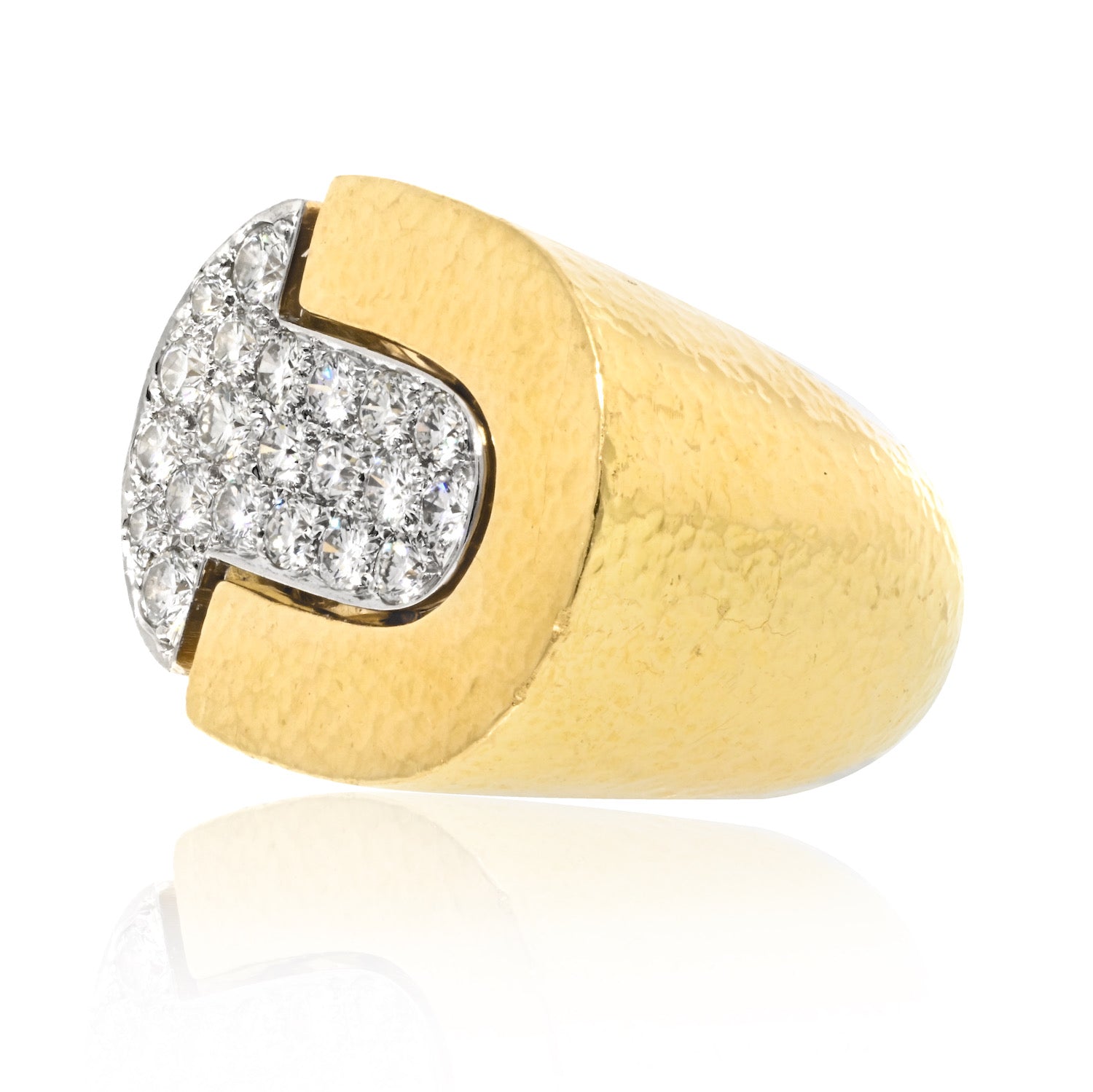 David Webb Platinum & 18K Yellow Gold Pave Hammered Diamond Cocktail Ring - The Back Vault