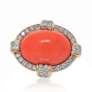 David Webb Platinum & 18K Yellow Gold Coral And Diamond Cocktail Ring