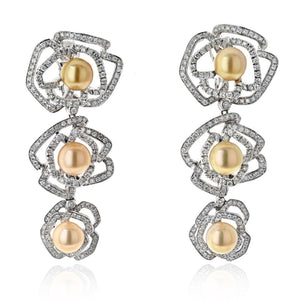 18K White Gold Triple Pearl Floral Motif Diamond Drop Earrings