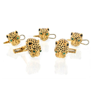 David Webb Platinum & 18K Yellow Gold Leopard Enamel Stud Set Cuff Links