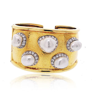 David Webb Platinum & 18K Yellow Gold Hammered Diamond And Baroque Pearl Cuff Bracelet