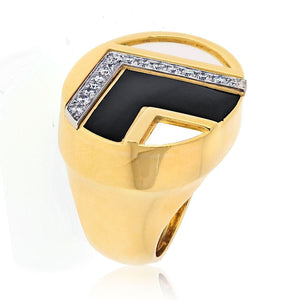 David Webb 18K Yellow Gold Black And White Enamel Diamond Ring