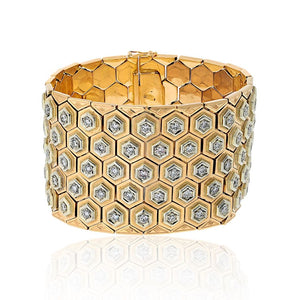 18K Yellow Gold Retro Wide Honeycomb Motif Diamond Bracelet