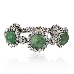 18K White Gold 1960's Cabochon Emerald And Diamond Bracelet