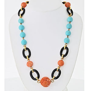 David Webb Platinum & 18K Yellow Gold Coral, Onyx, Turquoise Necklace