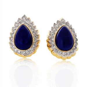 David Webb Platinum & 18K Yellow Gold Cabochon Pear Shaped Lapis And Diamond Clip Earrings