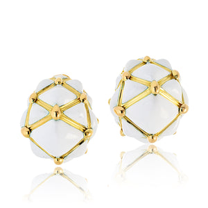 David Webb Platinum & 18K Yellow Gold White Enamel Bombe Dome Geodesic Earrings