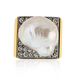 David Webb Platinum & 18K Yellow Gold Baroque Pearl Diamond Ring