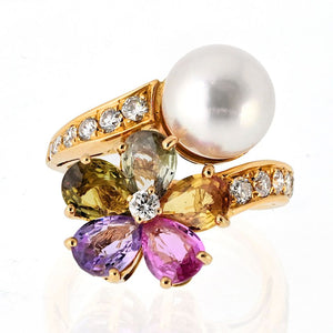 Bvlgari 18K Yellow Gold Contraire Pearl And Diamond, Multisapphire Ring