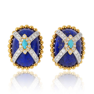 David Webb Platinum & 18K Yellow Gold Turquoise Lapis And Diamond Clip On Earrings