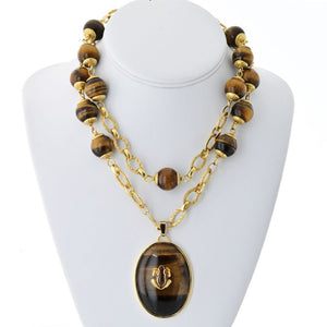 David Webb 18K Yellow Gold 1960's Tiger Eye Long Bead With A Frog Necklace