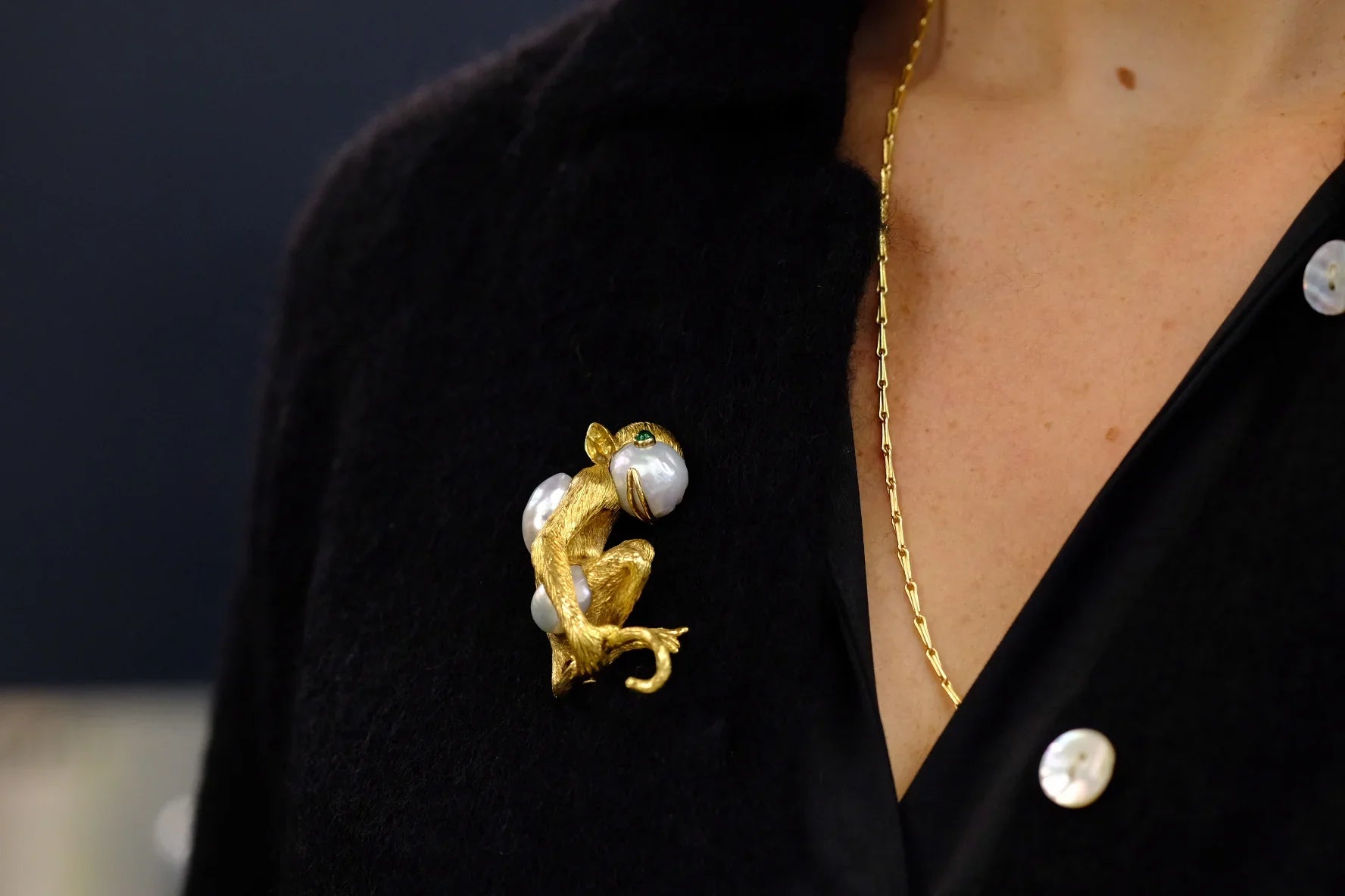 David Webb Platinum & 18K Yellow Gold Monkey On A Pearl And