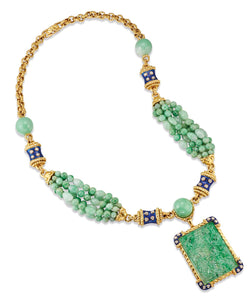 David Webb Platinum & 18K Yellow Gold Jade, Diamond, Blue Enamel Necklace