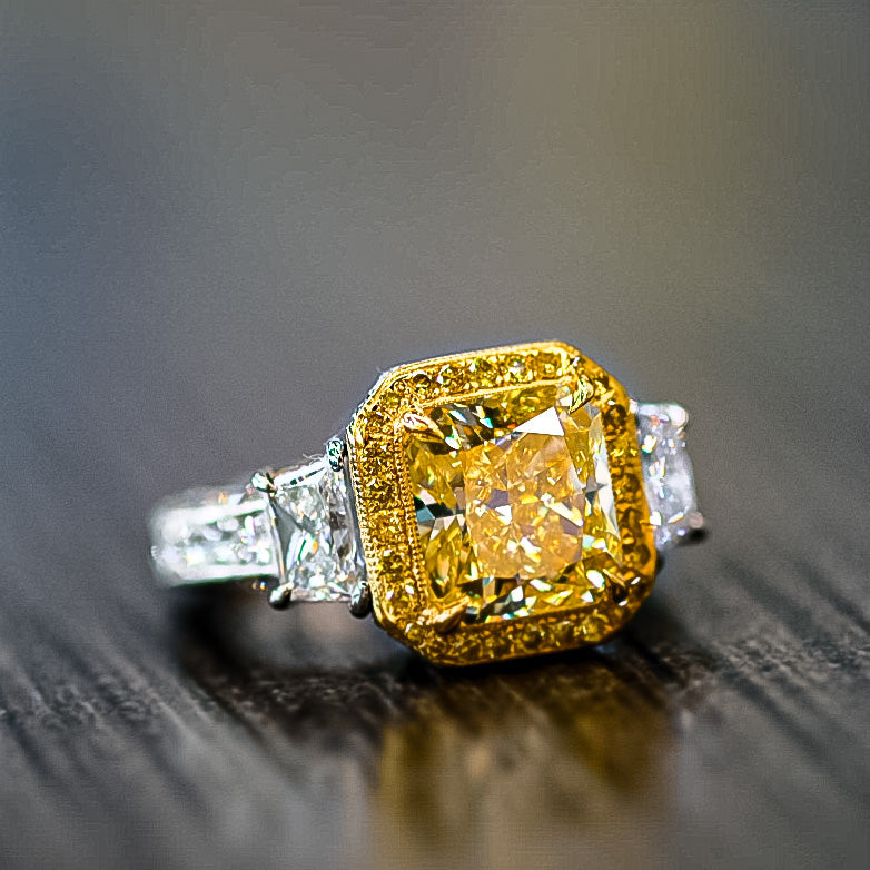 3 carat Radiant Cut Fancy Intense Yellow Diamond Engagement Ring - The Back Vault