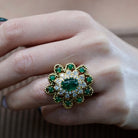 David Webb 18K Yellow Gold Green Emerald Diamond Flower Ring - The Back Vault