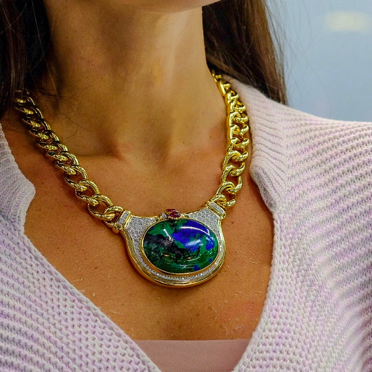 David Webb Platinum & 18K Yellow Gold Azurmalachite And Diamond Chain Link Necklace - The Back Vault