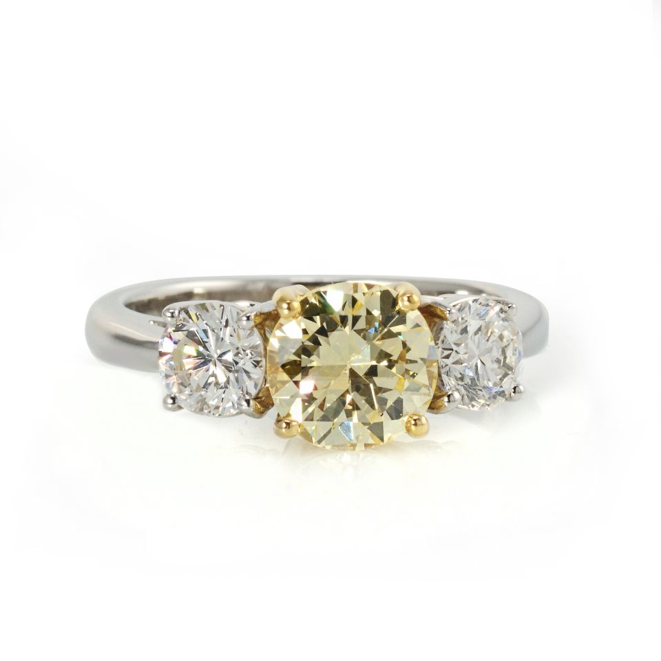 1.45 carat Fancy Yellow Round Diamond Three Stone Ring - The Back Vault Jewelry