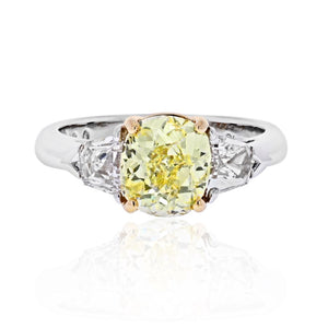 2 carat Cushion Cut Diamond Fancy Yellow GIA side Bullets Ring