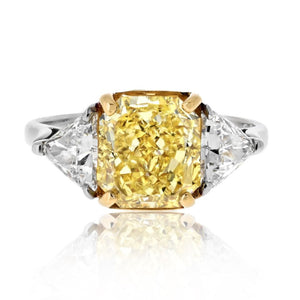 3.04ct Radiant Cut Fancy Intense Yellow Trilliant Cut Diamond Engagement Ring