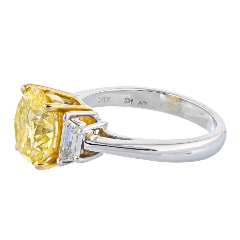 2 carat Round Diamond Fancy Intense Yellow GIA Three Stone Engagement Ring - The Back Vault