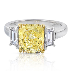 3 carat Radiant Cut Diamond Fancy Intense Yellow GIA With Two Side Trapezoids Three Stone Ring