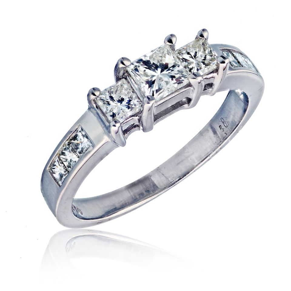 14K White Gold Princess Diamond Three Stone Ring - The Back Vault Jewelry