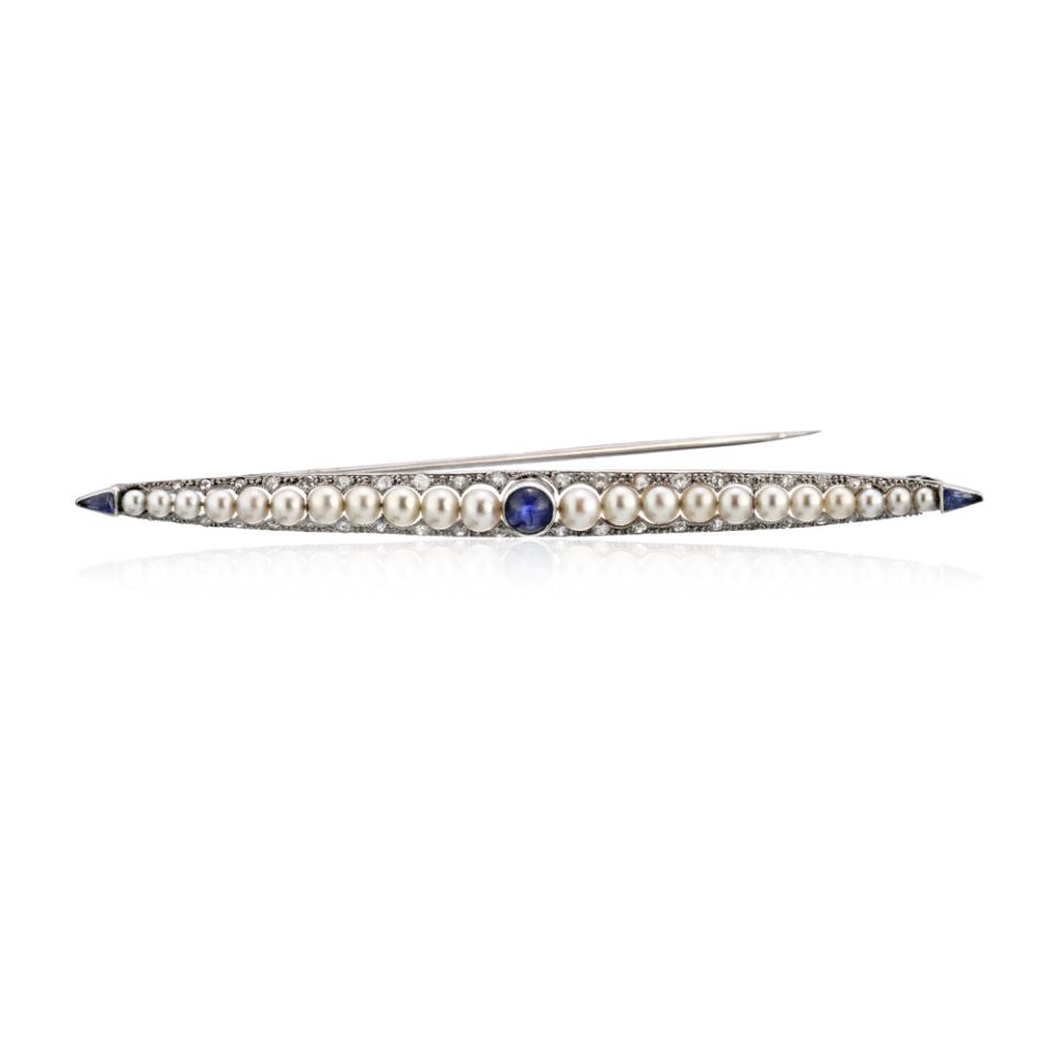 Platinum Sapphire & Pearl, Diamond Bar Pin Brooch - The Back Vault Jewelry