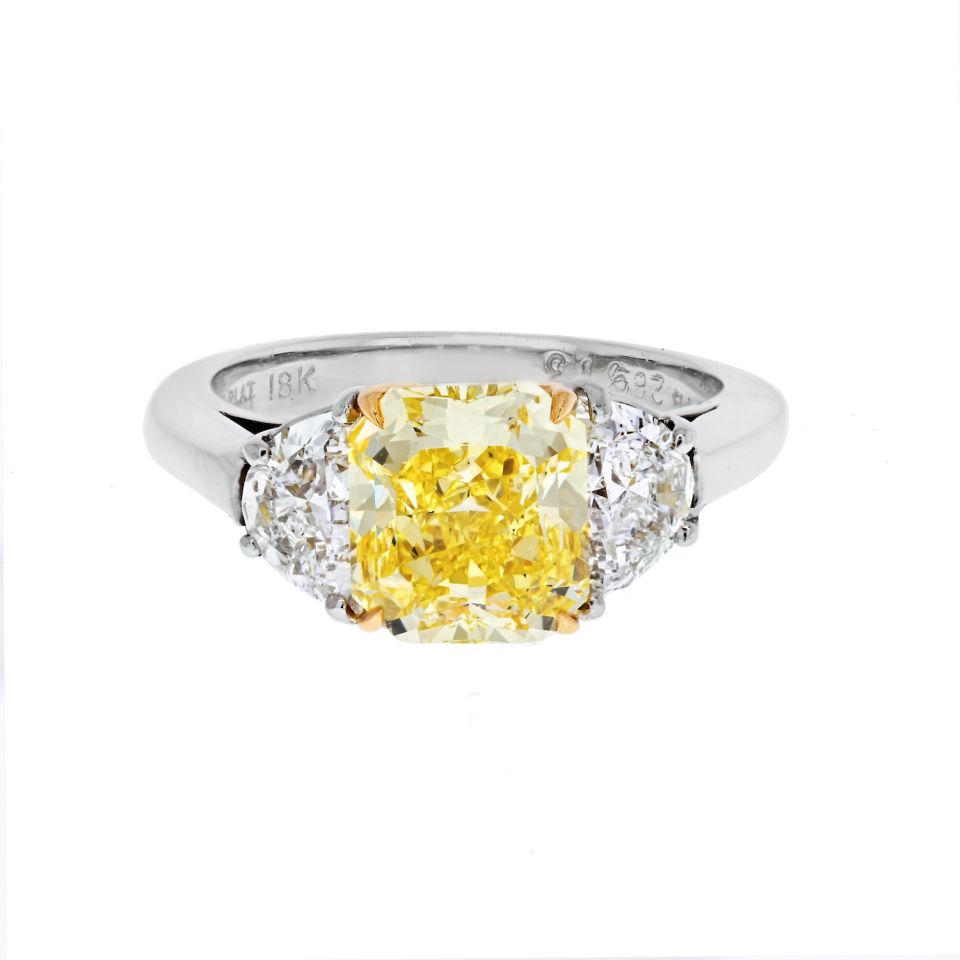 2 carat Radiant Cut Diamond Fancy Intense Yellow GIA Three Stone Engagement Ring - The Back Vault