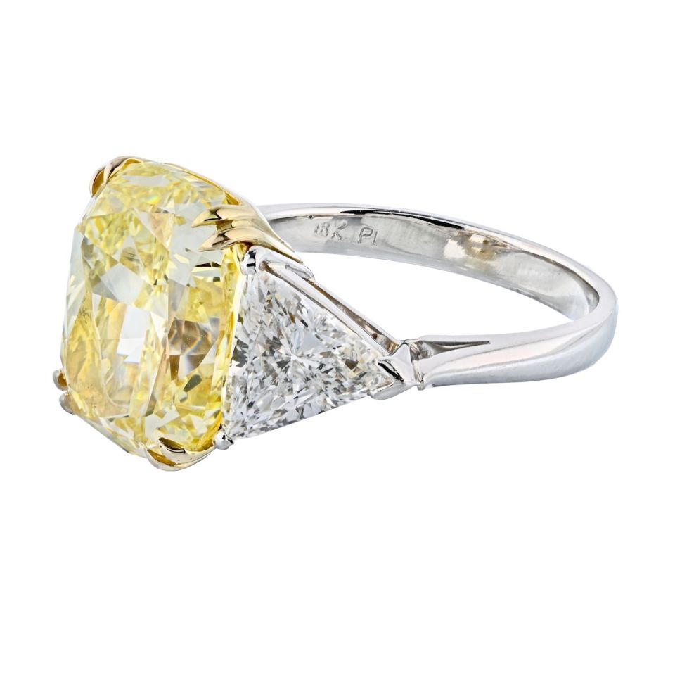 8.70 Carat Cushion Cut Platinum & 18K Yellow Gold Fancy Yellow Three Stone Diamond Engagement Ring - The Back Vault