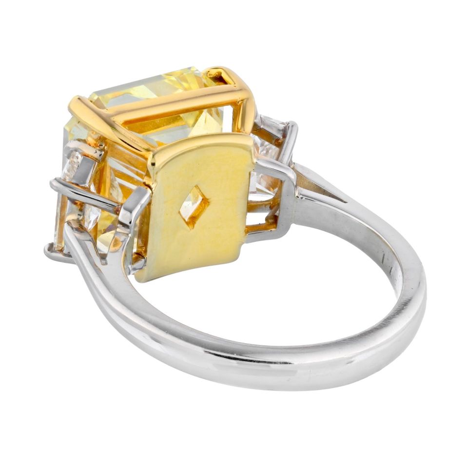 10 carat Radiant Cut Diamond Fancy Intense Yellow GIA Three Stone Engagement Ring - The Back Vault