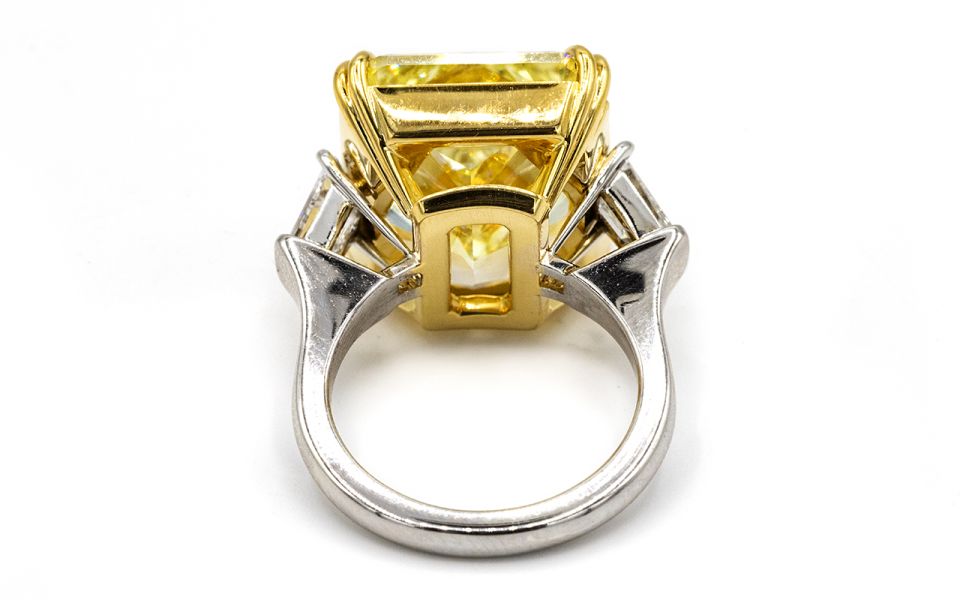 20 carat Radiant Cut Diamond Fancy Intense Yellow GIA  Bullets on the side Ring - The Back Vault