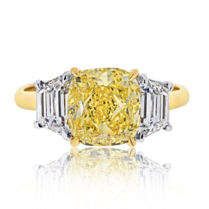 3 carat Cushion Cut Diamond GIA 3.03ct Fancy Vivid Yellow Cushion Cut Three Stone Ring