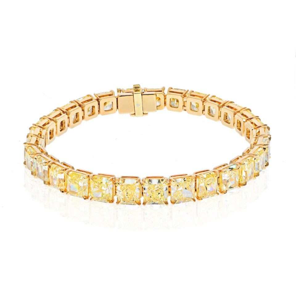 32.17cttw Fancy Yellow Radiant Cut Diamond One Line Tennis Bracelet - The Back Vault