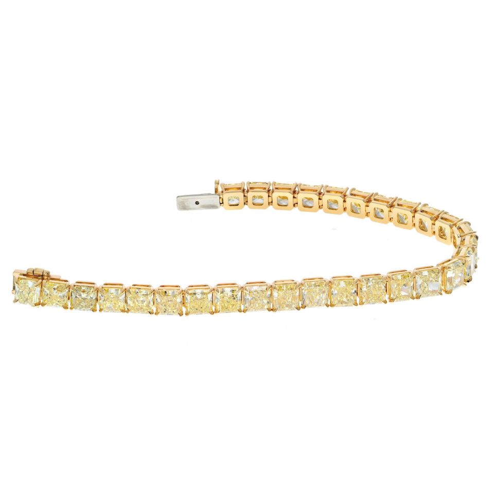 32.17cttw Fancy Yellow Radiant Cut Diamond One Line Tennis Bracelet - The Back Vault