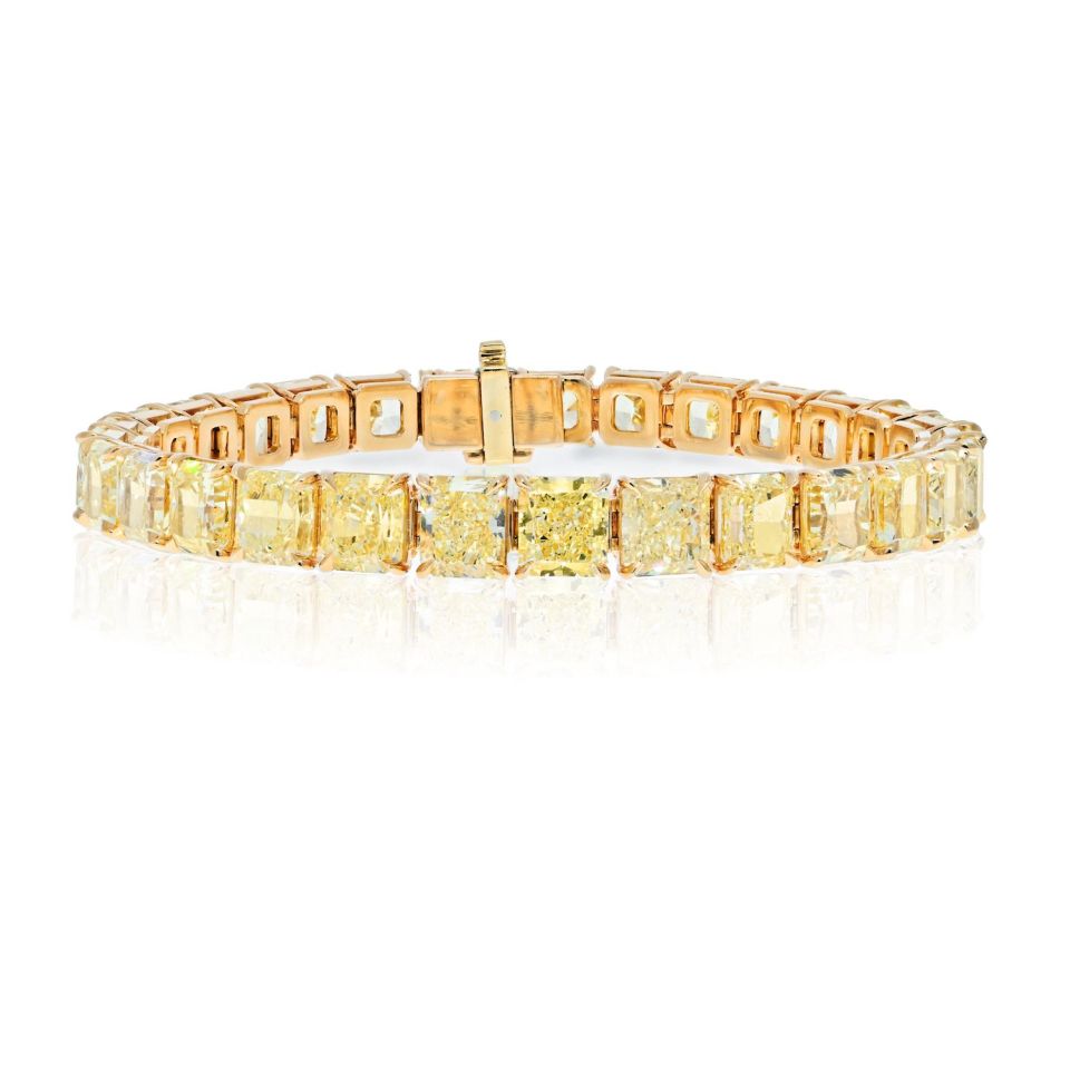 32.17cttw Fancy Yellow Radiant Cut Diamond One Line Tennis Bracelet - The Back Vault