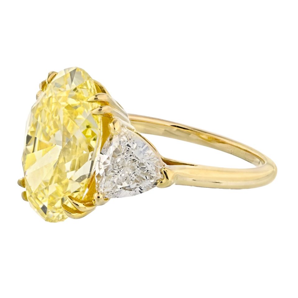 6.95 Carat Oval Cut Fancy Intense Yellow Three Stone Diamond Engagement Ring - The Back Vault