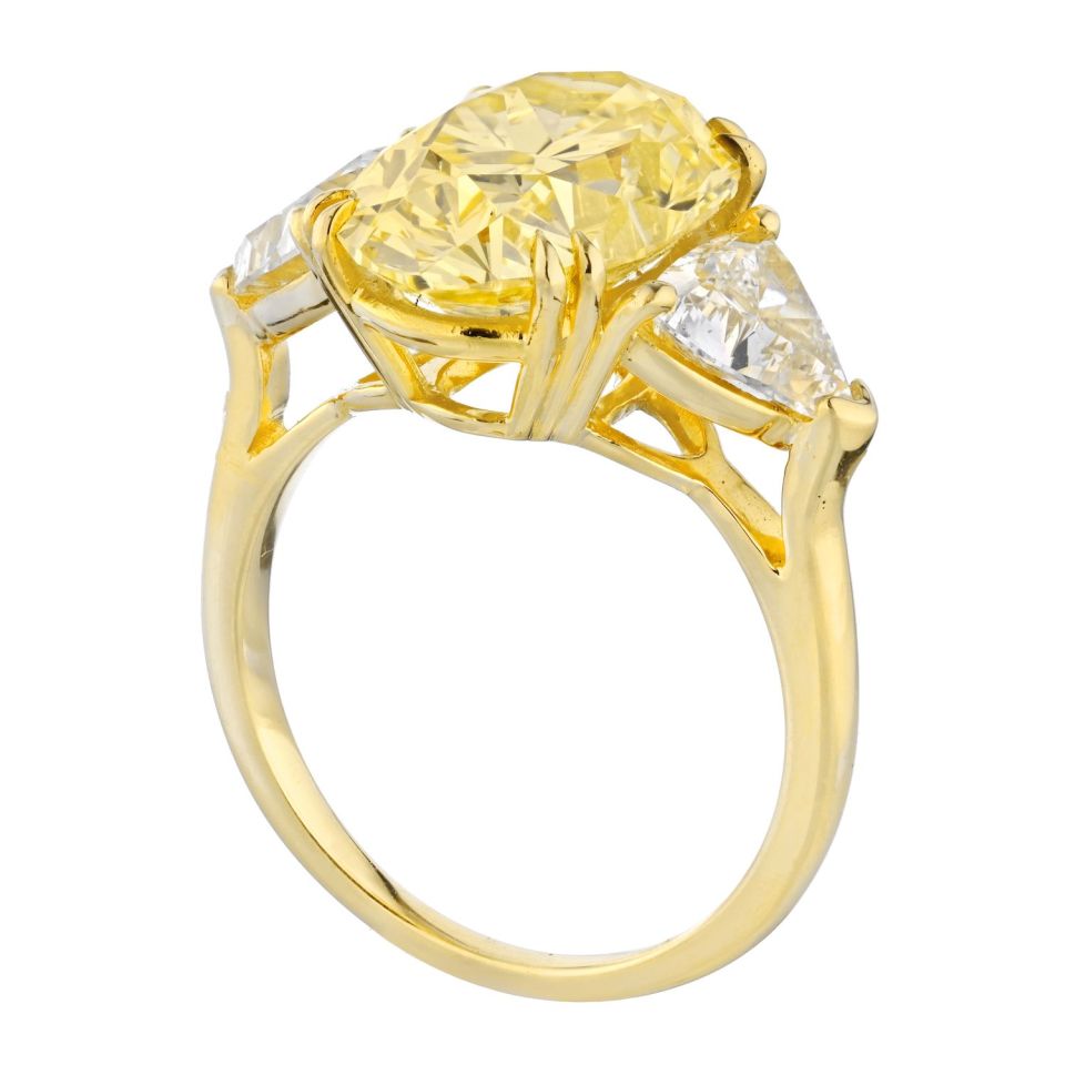 6.95 Carat Oval Cut Fancy Intense Yellow Three Stone Diamond Engagement Ring - The Back Vault