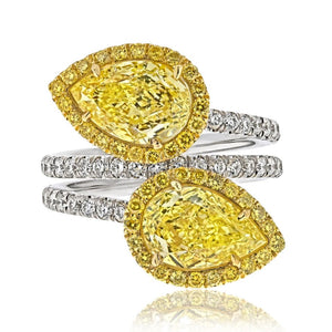 4.01cttw Fancy Yellow Intense Two Stone Pear Cut Diamond Halo Ring