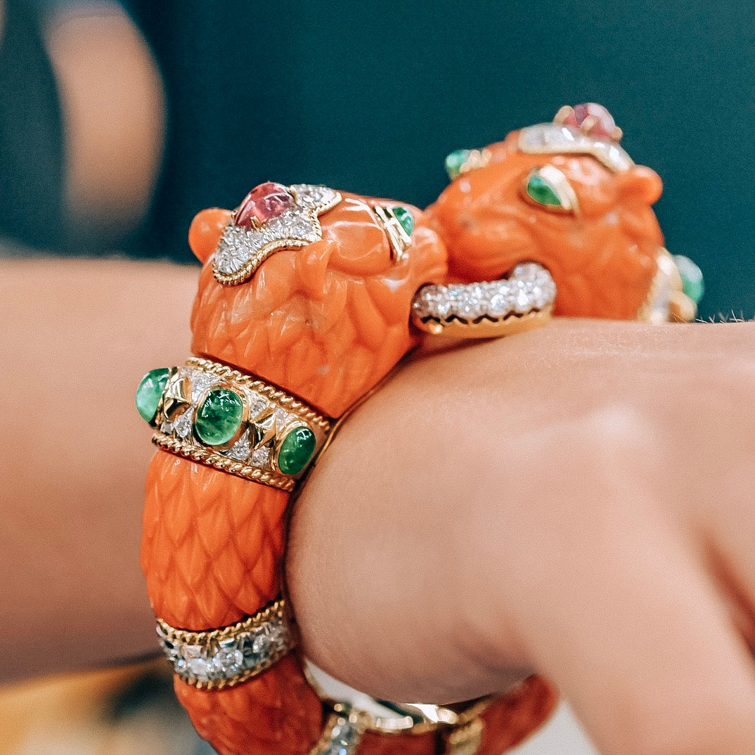 David Webb Platinum & 18K Yellow Gold Carved Coral Bangle Bracelet - The Back Vault