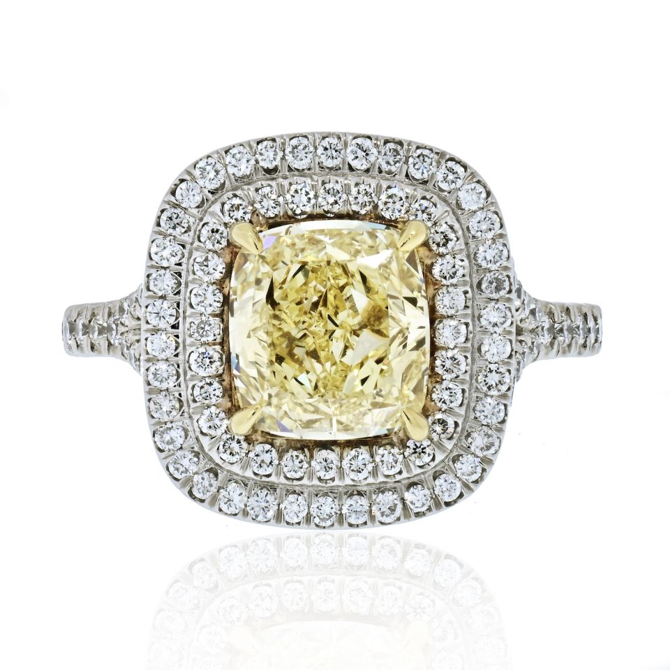 2 carat Cushion Cut Fancy Yellow Diamond Double Halo GIA Engagement Ring - The Back Vault