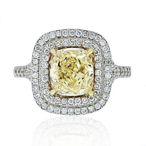 2 carat Cushion Cut Fancy Yellow Diamond Double Halo GIA Engagement Ring