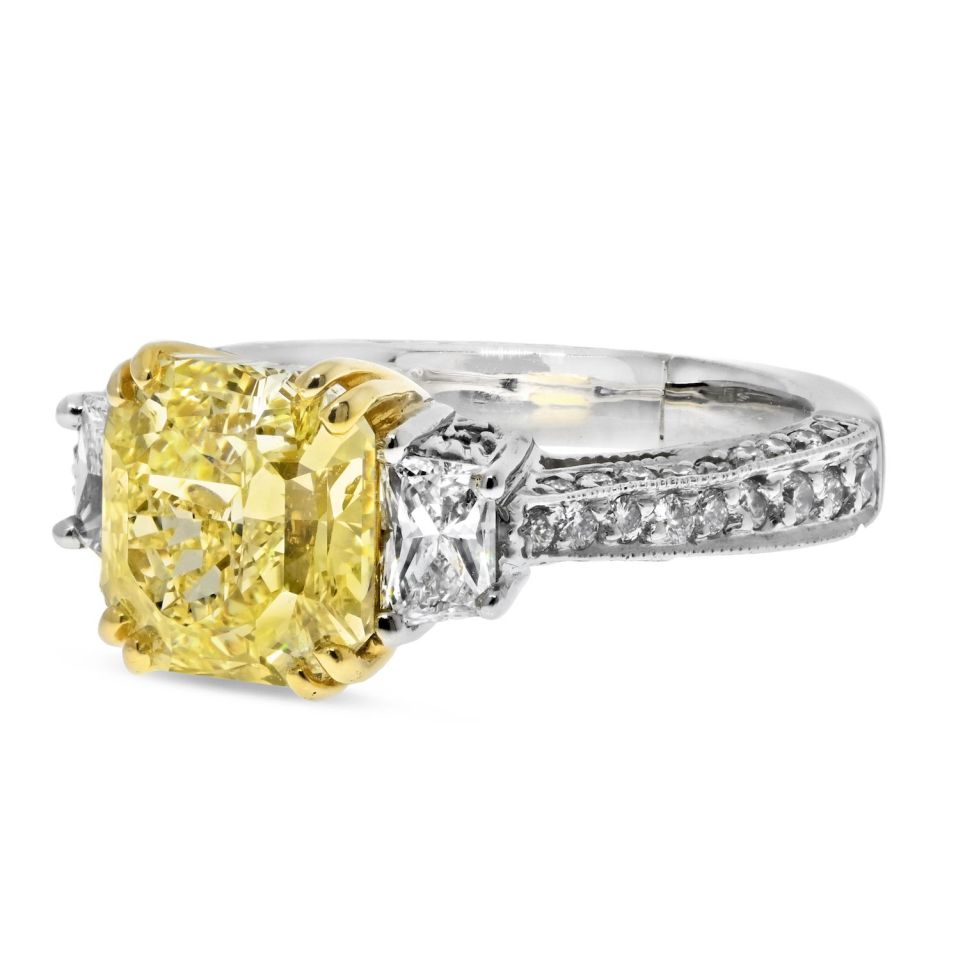 3 carat Radiant Cut Diamond Fancy Yellow VS2 Clarity GIA Three Stone Engagement Ring - The Back Vault