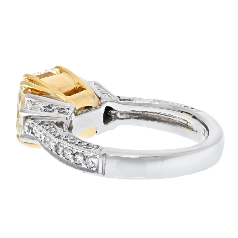 3 carat Radiant Cut Diamond Fancy Yellow VS2 Clarity GIA Three Stone Engagement Ring - The Back Vault