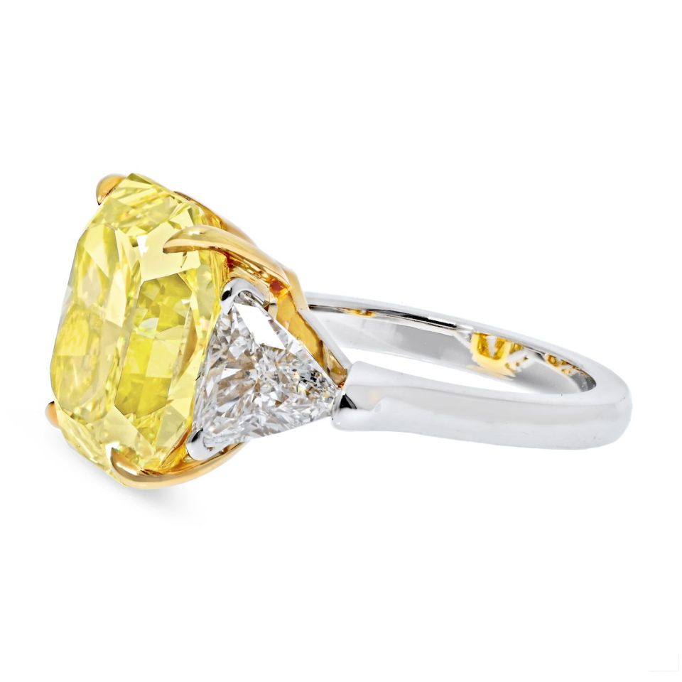 10.98 Carat Radiant Cut Fancy Yellow VVS2 Three Stone Diamond Engagement Ring - The Back Vault