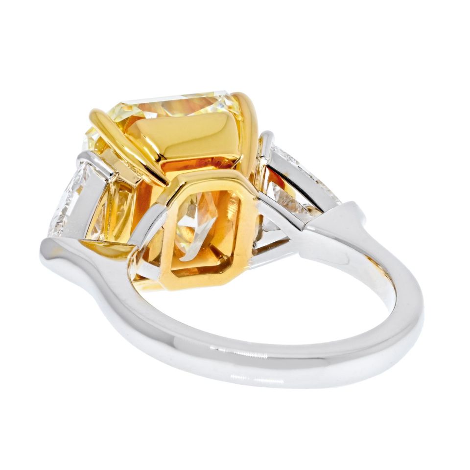 10.98 Carat Radiant Cut Fancy Yellow VVS2 Three Stone Diamond Engagement Ring - The Back Vault