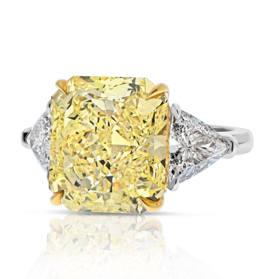 10.98 Carat Radiant Cut Fancy Yellow VVS2 Three Stone Diamond Engagement Ring - The Back Vault