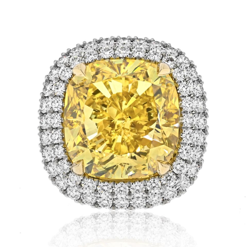 21 Carat Cushion Cut Fancy Deep Brownish Yellow VVS1 Double Halo Engagement Ring - The Back Vault