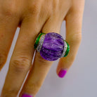 David Webb Carved Smooth Purple Amethyst, Green Enamel And Diamond Ring - The Back Vault