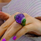 David Webb Carved Smooth Purple Amethyst, Green Enamel And Diamond Ring - The Back Vault