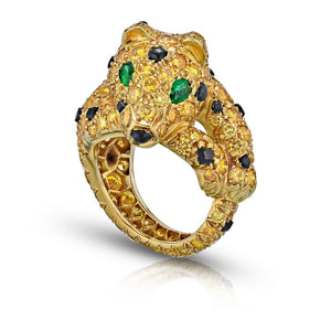 Panthere Platinum & 18K Yellow Gold Yellow Diamond Onyx & Emerald Ring